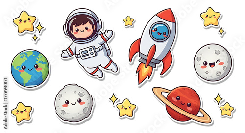 Adorable cartoon astronaut, smiling rocket, and cute planets with stars ignite imagination for cosmic adventures and stellar educational fun