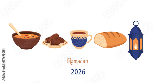 Ramadan food and lantern illustration for 2026 celebration.