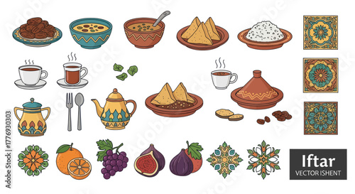 Iftar food and drink collection with various traditional dishes and beverages.