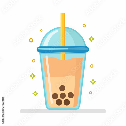 Cartoon Bubble Tea with Tapioca Pearls and Yellow Straw.