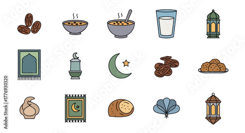 Ramadan Kareem Icons Set - Dates, Bowls, Milk, Lanterns, Prayer Rugs, Crescent Moon, and More.
