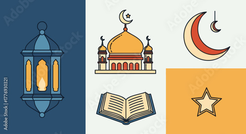 Islamic Religious Symbols and Objects Collection for Ramadan and Eid Celebrations.
