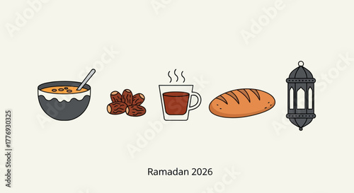 Ramadan 2026 Iftar Meal with Dates, Soup, Bread, and Lantern.