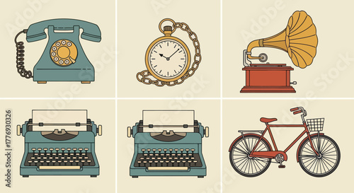 Vintage collection of antique objects and devices from the past.