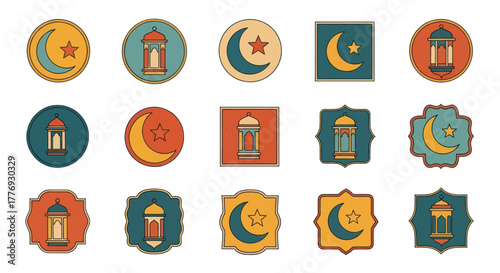 Collection of colorful retro Islamic icons with lanterns and crescents.