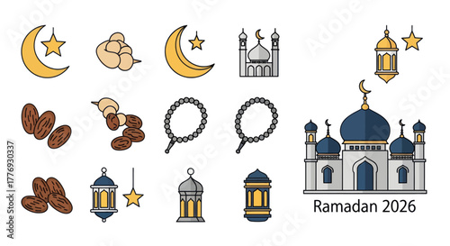 Ramadan Icons - Crescent Moons, Dates, Mosque, Lanterns, and Prayer Beads.