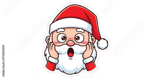 Santa Claus with surprised expression and rosy cheeks, ideal for festive marketing and holiday greetings.