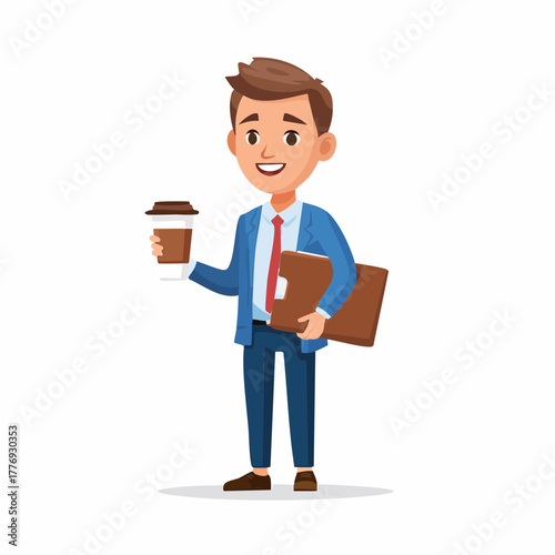 Cartoon Businessman Holding Coffee and Briefcase Wearing Blue Suit and Red Tie.