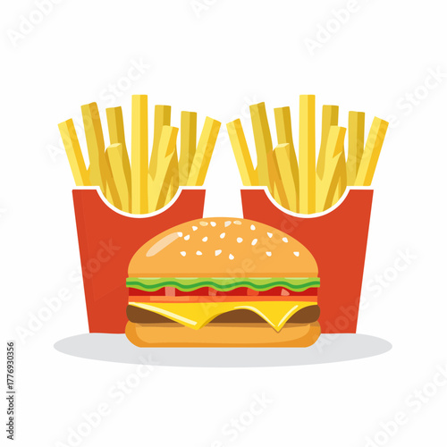 Cartoon Burger and Fries Combo with Red Packaging.