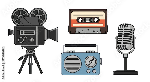 Vintage Media Equipment - Camera, Cassette, Radio, and Microphone.