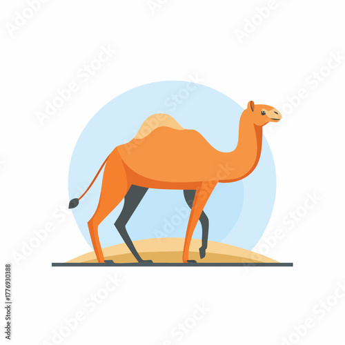 Cartoon Camel Standing on Sand with Blue Background.