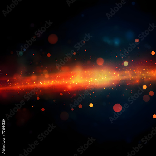 Abstract blurred background with colorful stripes of light on dark orange and black, horizontal lines with gradient effect, glowing and flowing in motion.
