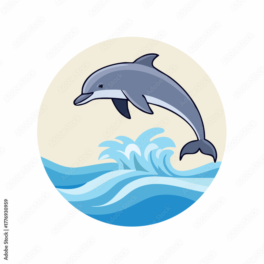 Obraz premium Cartoon Dolphin Jumping Out of Ocean Waves.