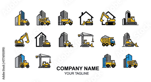 Construction Vehicle Icons with Building Silhouettes for Company Branding.