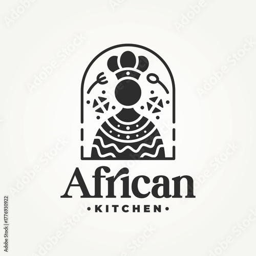 minimalist african cultural kitchen food line art icon badge logo vector illustration design. simple modern beverage restaurant logo concept