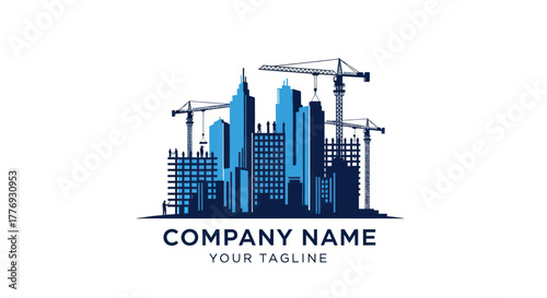 Construction Site with Cranes and Buildings Under Construction Logo Design.