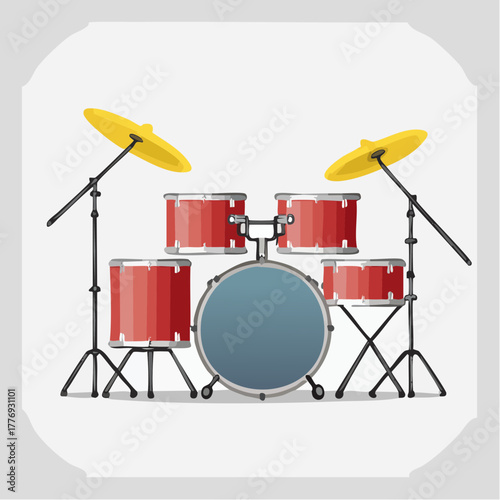 Cartoon Drum Set with Red Drums and Yellow Cymbals Illustration.