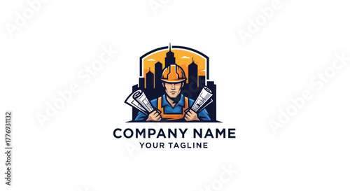 Construction Worker with Blueprints and Cityscape Logo Design.