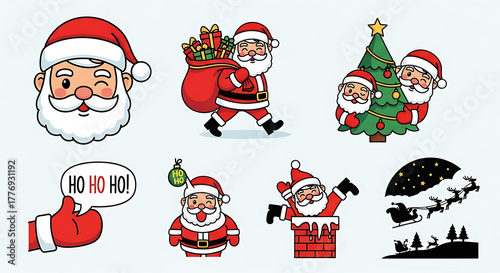 Joyful Santa Claus collection with gifts, Christmas tree, and sleigh scenes for festive holiday designs and celebrations