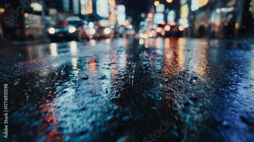 Wallpaper Mural Low-angle view of a wet city street at night with colorful reflections from car lights and neon signs. Torontodigital.ca