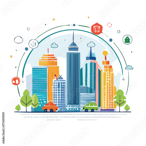 Vibrant City Skyline With Modern Highrise Buildings, Lush Green Trees, Busy Streets And Colorful Vehicles During Daytime