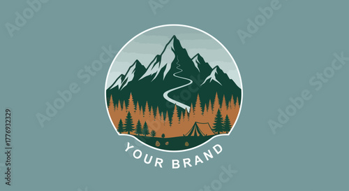 Mountainous landscape logo design with winding road and forest camping scene.