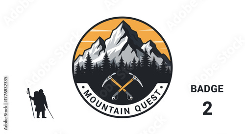 Mountain Quest Badge with Hiker and Tools.