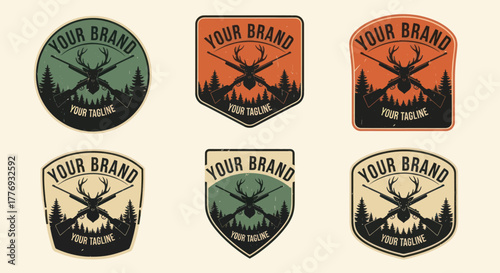 Vintage Outdoor Adventure Emblem Set Featuring Deer Antlers and Forest.