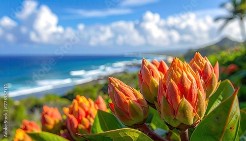 Close up of vibrant orange flower buds with lush green leaves in the foreground overlooking a blue ocean with white waves under a pastel sky and distant green hills during golden hour photography