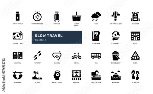 Slow travel icon set in glyph style for scenic trip and local travel guide