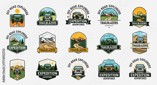 Collection of Off-Road Adventure and Expedition Logos with Vintage Style.