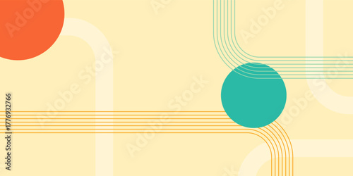 Abstract geometric background with circles and flowing lines in a modern retro color palette