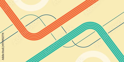 Dynamic interplay of orange and teal parallel lines in an abstract geometric composition