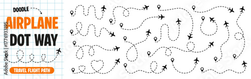 Airplane flight path doodle icon set. Dotted map route for travel and journey, dash line air plane route. Vector illustration isolated on white background