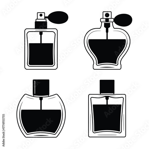 Four vintage perfume bottles collection black and white illustration