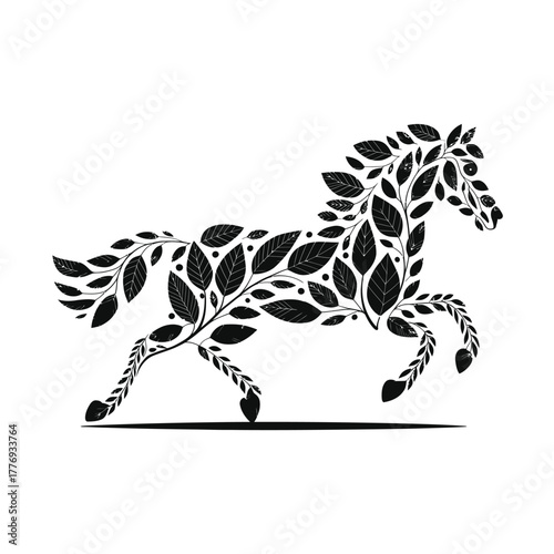 Elegant black horse silhouette formed by leaves and vines