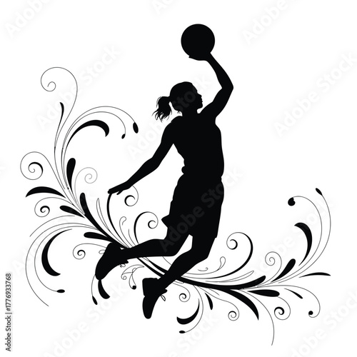 Silhouette of a female basketball player dunking with decorative swirls
