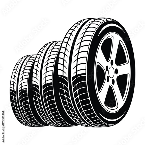 Row of car tires and wheel on white background