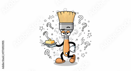 Confused Paint Brush Cartoon Character Holding a Plate of Food.