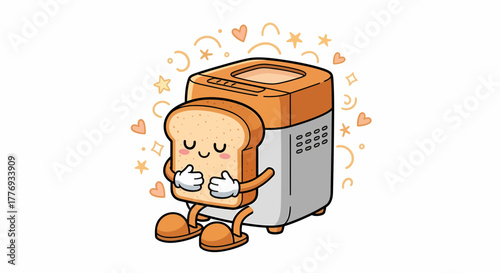 Cute Cartoon Bread Slice and Bread Maker Machine Hugging Together.
