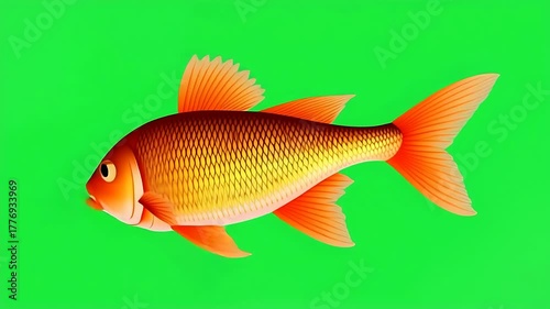 Single golden-scaled fish with vibrant orange fins against a vivid green background