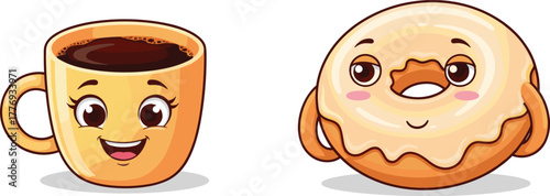 Cute coffee mug, happy donut, cartoon breakfast, smiling food characters, kawaii style, sweet snack, morning drink, cheerful illustration, vector