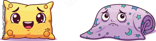 Cute cartoon pillow and blanket with emotional faces, happy pillow, sad blanket, kids illustration, bedtime concept, kawaii style, vector