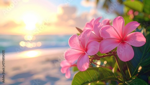 Close up Of Pink Plumeria Flowers Blooming With Soft Sunrise Light Over Tropical Beach And Ocean Horizon In The Background