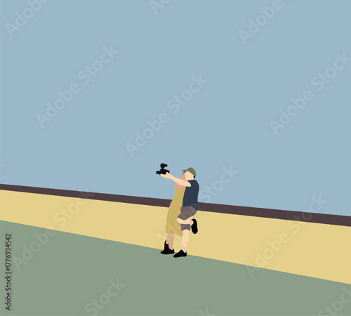 Tourist couple selfie on rooftop building at view point attraction with blue sky. Honeymoon Holiday vacation. 