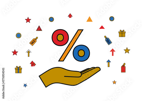 Hand presenting a vivid percentage symbol, surrounded by sale tags, gift boxes, stars, and arrows, illustrating discounts, promotions, and retail saving. isolated on transparent background, Vector