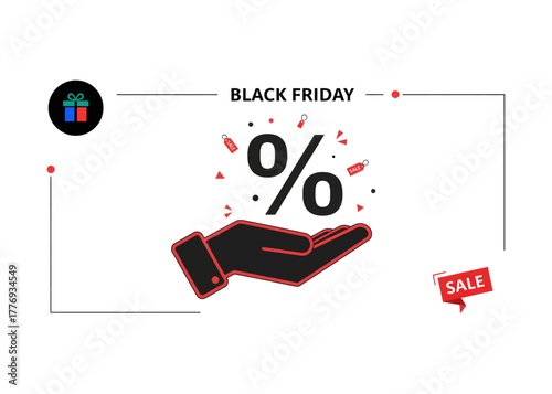 Black friday sales event graphic featuring a hand presenting a prominent percentage discount symbol, surrounded by red sale tags and abstract elements isolated on transparent background, Vector
