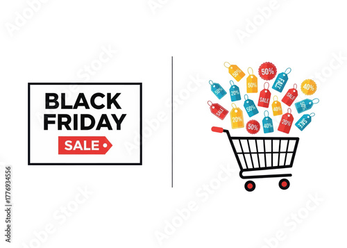 Black friday sale banner and shopping cart with discount tags. marketing concept for retail promotions, special offers, and major holiday shopping events. isolated on transparent background, Vector