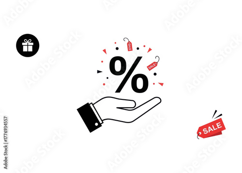 Hand holding a floating percentage symbol with scattered red sale tags, indicating promotional offers, discounts, and savings for online shopping events. isolated on transparent background, Vector