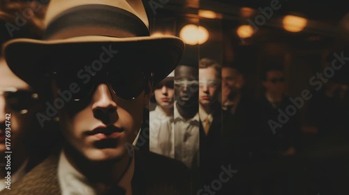 Mysterious vintage characters reflected in mirrored elevator walls, dressed in 1920s fashion. Cinematic noir aesthetic with warm moody lighting and depth of field.